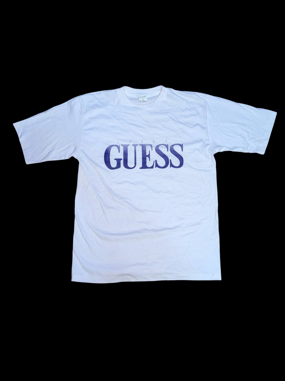 Vintage 90s GUESS White Short Sleeve Tee Purple Logo Single Stitch Made In Canad